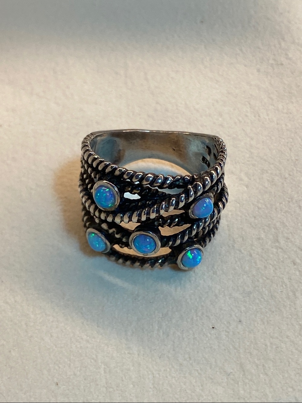 925 Sterling Silver Blue Opal Multi-Band Statement Ring Size 7 - Picture 3 of 6